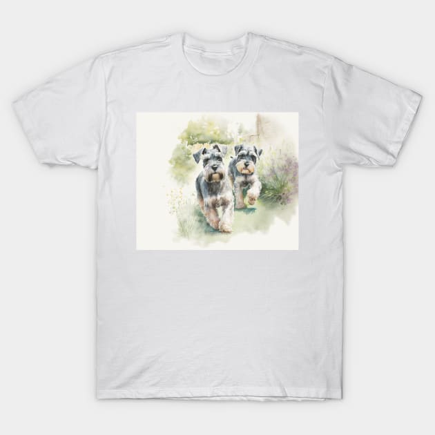 Two Miniature Schnauzers Playing Watercolour Painting T-Shirt by TheArtfulAI